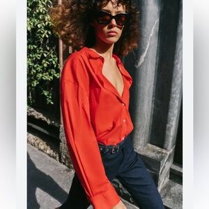 Zara Button-Front Long-Sleeve Blouse - Orange